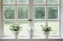 white teapot and tow flower vases on windowpane