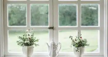 white teapot and tow flower vases on windowpane