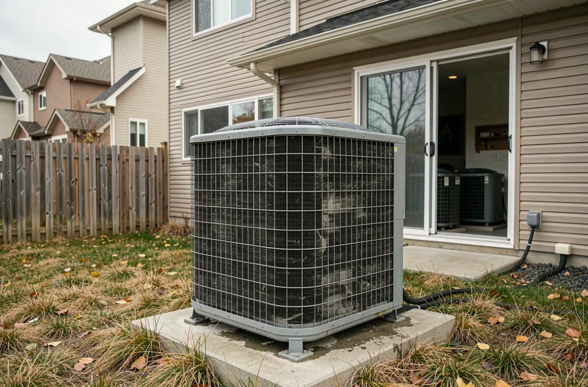 Unité extérieure de pompe à chaleur installée sur dalle béton dans un jardin résidentiel à Laval en automne