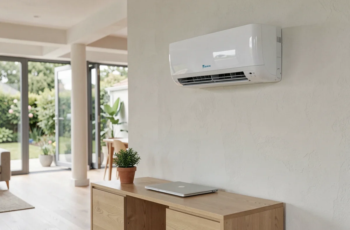 Unité intérieure de pompe à chaleur Daikin posée dans un salon moderne et lumineux